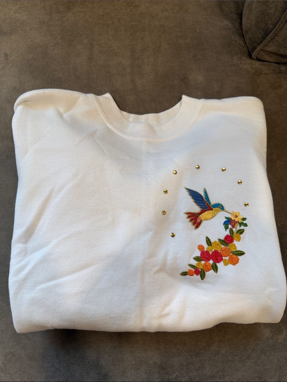 Hanes White Sweatshirt with Colorful Embroidered Hummingbird and Floral Motif